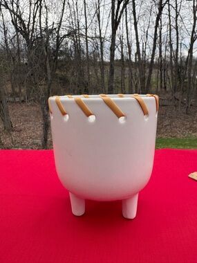 White Ceramic 3-Leg Planter with Tan Leather Accent